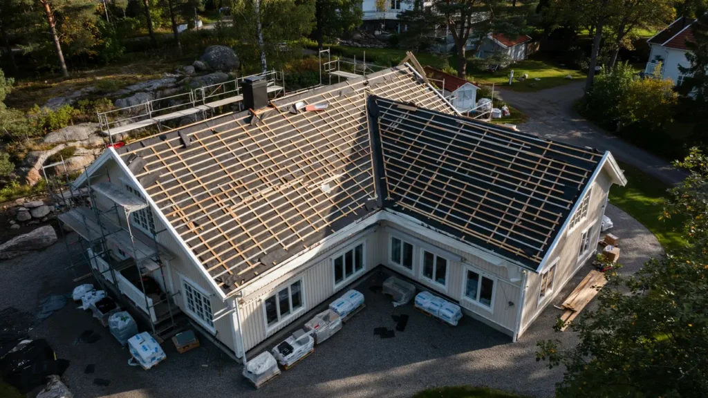 takbyte p villa med tillbyggnad i r da stock